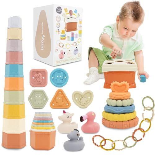 BYFWH Shape Sorter for Toddler 1-3, 5 in 1 Montessori Baby Toys for Infants 6-48 Months, Sorting & Stacking Toy for Fine Motor Skills, Sensory Learning Set with Rings Link, Birthday Gift