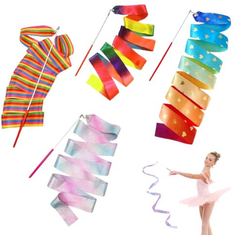 SULIUDAJI 4 Pièces Ruban Danse, 2 m Ruban Gymnastique Enfant Arc-en-Ciel et Rose, Ruban de Gymnastique Rythmique pour Enfants Filles Danse Artistique, Gymnastique, Entraînement, Cadeaux