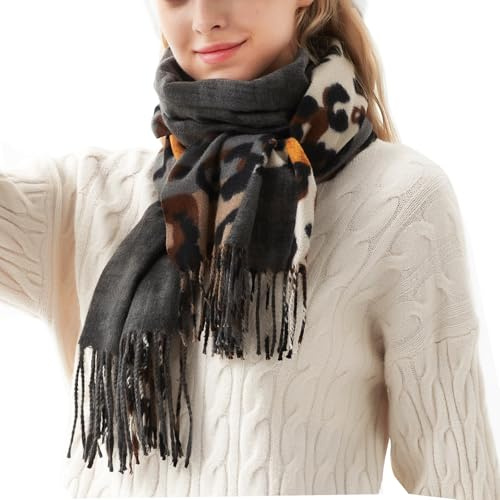 Soudittur Bufanda Mujer Invierno, Pañuelo Cuello Mujer Leopardo, Largas Grandes Mantón de Pashmina Chales para Mujer Bufanda Elegante con Flecos(Amarillo)