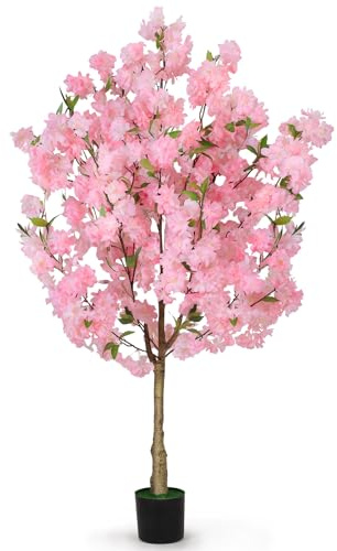 OUSHENG Artificial Cherry Blossom Tree, Fake Plants Indoor Decor, Faux Pink Sakura Flowers for Living Room Home House Entryway Bedroom Office Inside Decorations, 4FT