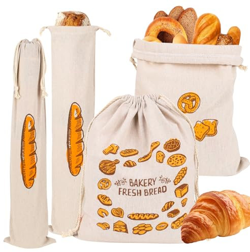 Lot de 4 sacs à pain en lin avec cordon de serrage - 40 x 30 cm - Réutilisables - Pour pain, baguette, fruits et légumes