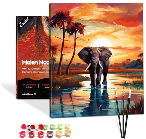 Bougimal Pintura por Números Adultos Animal con Pinceles y Pinturas Acrílicas - 40 x 50 cm, Con marco, Elefante al atardecer