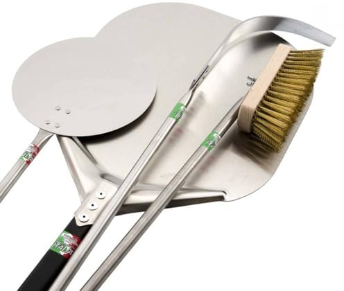 GIEMME Set 4 Accessori Pizza – Pala Alluminio Anodizzato 33 cm, Palino Rotondo Inox, Spazzola & Pala Spargibrace – Per Forni fino a 140 cm