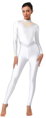 Linjinx Body da Ginnastica Donna a Manica Lunga Paillettes Leotards da Danza Classica Balletto Tuta Intere da Pattinaggio Artistico Vestito Ballerina Dancewear Bianco S