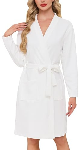 Sopesil Accappatoio Donna in Cotone a Maniche Lunghe Vestaglia Donna Corta con Scollo a V Tasche Kimono al Ginocchio Bianco,M
