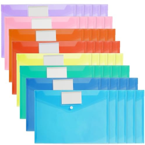 Zorplex 40 Piezas Carpetas Plástico A4 Transparentes, Botón a Presión y Bolsillo para Etiquetas, Carpeta Portadocumentos Reutilizable para Oficina, Escuela y Hogar (40)
