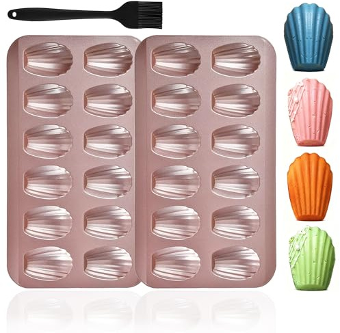 Akranini Madeleines - Teglia da forno in acciaio al carbonio antiaderente con pennello in silicone per forno e madelein (oro)