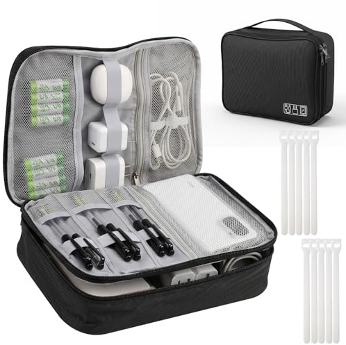Stor kabelväska, vattentät kabelorganiseringsväska med dubbla lager avtagbar avdelare stav, bärbar elektronikförvaring för laddningskabel, powerbank iPad mini, resetillbehör, med 10 buntband