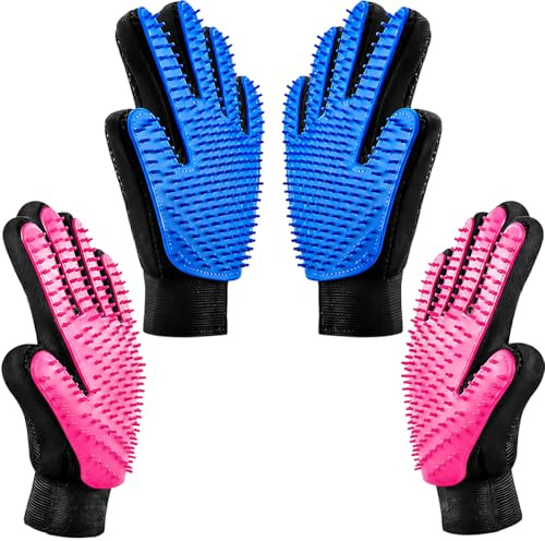 TUBAWD 4Pcs Cat Grooming Glove, Cat Brush Glove, For both cats and dogs, Pet Hair Removal Glove for Daily Grooming and Bath Time, Set of 4 Gloves in Blue and Pink Colours for Left and Right Hands