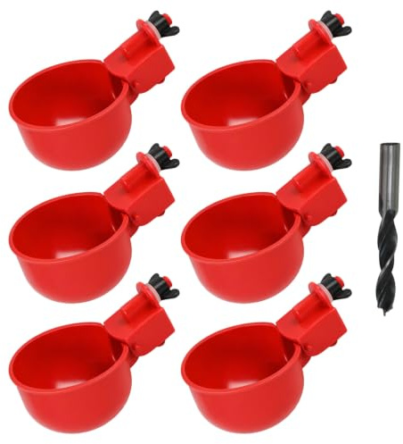 6 Unidades Bebedero Gallinas Automático con Taladro, Dispensador de Agua para Pollos de Plástico Rojo, Comedero para Aves de Corral, Patos, Gansos, Accesorios para Gallinas
