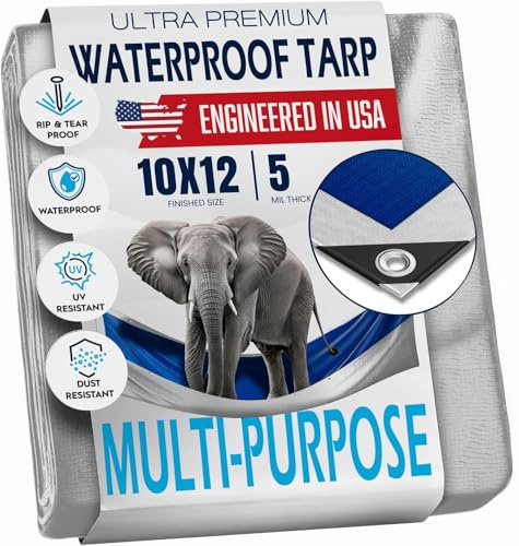 10x12 Tarp Waterproof Plastic Tarp - Grommets Every 18 Inches - 5 Mil - Multipurpose Water Proof Cover for Rain, Outdoor, Garden, Camping, Emergency Survival (Reversible Tarpaulin, Blue and Silver)