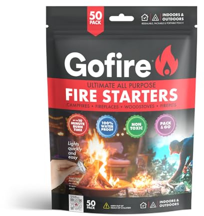 GOFIRE Travel Fire Starter for Camping, Hiking, Backpacking | Uses: Grill, Campfire, Fireplace, Wood Stove | All Purpose, Portable, Waterproof | Heat During Cold Rain & Snow | 50 Pieces