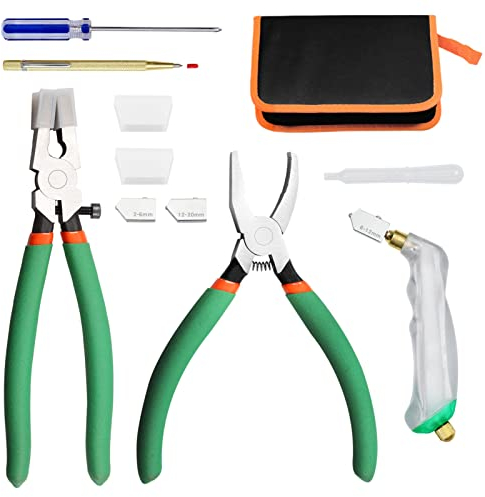 SPEEDWOX El kit de herramientas de corte de vidrio de 12 piezas incluye alicates de vidrio con 2 pares de puntas de goma, alicates rompedores, cortador de vidrio de alimentación de aceite