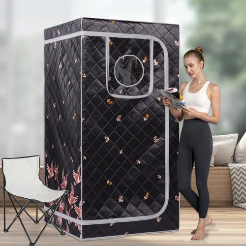 Smartmak Full Size Portable Infrared Sauna Kit, Personal Home Sauna Spa for Relaxation and Detox, with Timer and Temperature Remote Control, Foot Heating Pad, Upgraded Foldable Chair - Black Grey