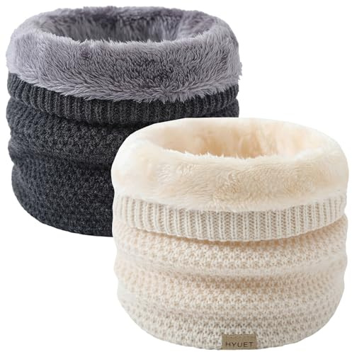 HYUET 2 Pack Cache-Cou Hiver Écharpe Circulaire Tricotée Tour de Cou Col Épaisse Cache Cou Doublée Tube Écharpe Polaire Doux Hommes Femmes Hive,Gris foncé+Blanc,taille unique