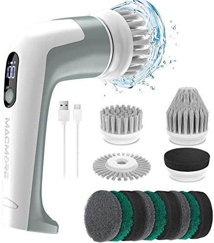 MACMORE Brosse à récurer électrique rotative pour le nettoyage à 2 vitesses, 4 têtes de nettoyage remplaçables et 9 tampons à récurer, brosse électrique électrique pour salle de bain, baignoire,