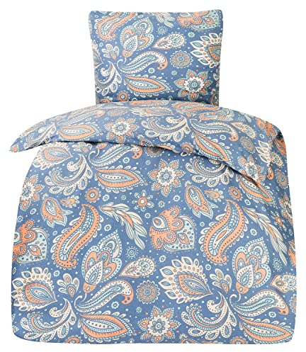MOON Bettwäsche Set Fein Biber, Flanellbettwäsche ca. 135x200 + 80x80 cm mit Reißverschluss - Paisley Blau-Grün