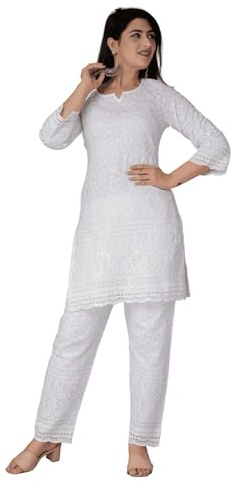 Chikankari Cotton Indian Kurtis for Women Summer Dresses Tunic Top Pant Set Pakistani Salwar Kameez Suit Set White-(Medium)