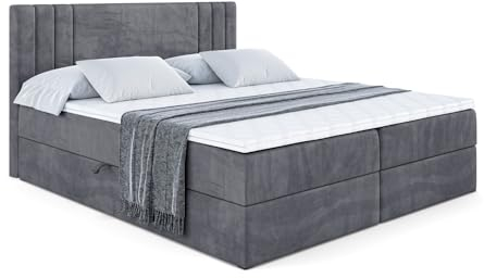 ALTDECOR Boxspringbett mit Matratze und Lattenrost, Boxbett, Topper, Polsterbett mit Bettkasten, Bett mit Stauraum H4-Matratze, Doppelbett, Springboxbett - IDRIKO - 180x200 - Dunkelgrau Samt
