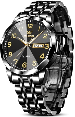 OLEVS Black Watches for Men, Large Face Business Dress Analog Working Mens Watch Waterproof Fashion Casual Stainless Steel Mans Wristwatch Father Gift Reloj para Hombre Day Date Gentleman Male Watch