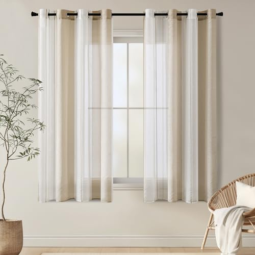 EMEMA Kurz Vorhänge mit Ösen Beige-Weiss Streifen Voile Gardinen Moderner Wohnzimmer 2er Set Stores Schals mit Ösenschal Halbtransparent Dekorieren Schlafzimmer Vorhang 140x145cm
