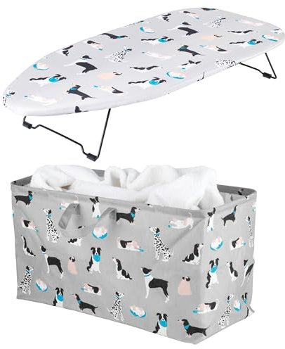 Beldray COMBO-9168 Tabletop Ironing Board & Laundry Hamper Set - 73 x 31cm, Machine Washable 100% Cotton Cover, 40L Washing Basket With Side Carry Handles, Square Clothes Hamper Tote, Dog Print Design