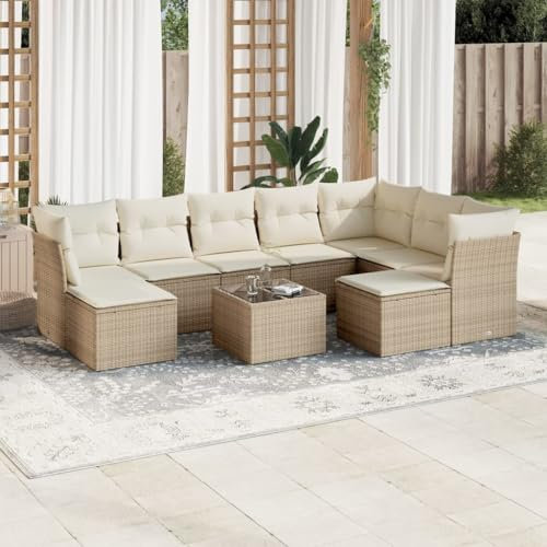 ULUYYUC Ensemble de 10 canapés de jardin, tabourets, banc rembourré, groupe de bancs d'angle, convient pour balcon, jardin, extérieur, cour arrière, avec coussins, beige