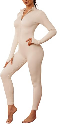 Nadeer Overall Kvinnor Sport Jumpsuit Bodysuit Bodysuit Yoga Långärmad V-ringad Gym Bodysuitrs med Dragkedja Kvinnor Elegant Jumpsuit, Beige, S