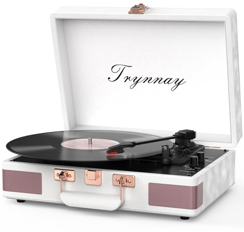 Trynnay Plattenspieler Schallplattenspieler 3-Gang-Bluetooth, tragbarer Koffer-Vinyl-Player mit integrierten Lautsprechern, Plattenspieler, verbesserter Audio-Sound Gewachstes Leder, Weiß