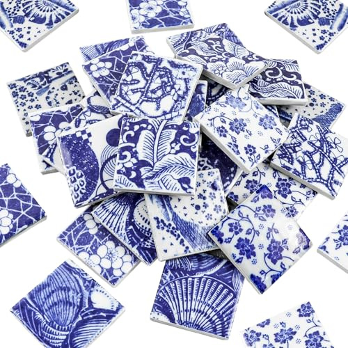 Yatinkim Ceramic Mosaic Tiles for Craft Square Polished Porcelain Tiles | 36 Pcs 4.7x4.7 cm China Glazed Blue and White Ceramic Tile Iridescent DIY Home Bathroom Vase Floor Pool Decor