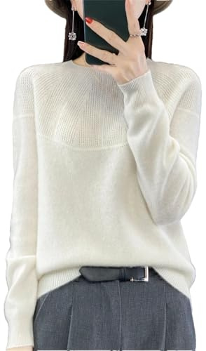 Maglione da donna a girocollo tinta unita 100% lana merino cavo pullover a maniche lunghe lavorato a maglia jumper top, bianco, XXL