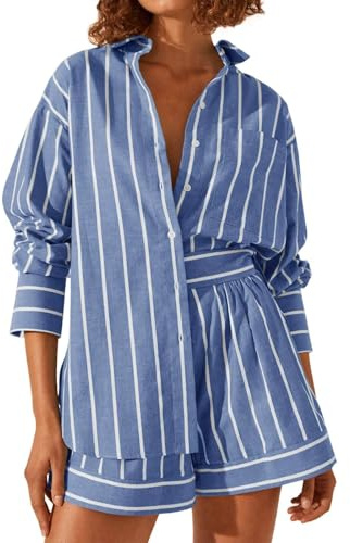 Tankaneo Completo da donna in 2 pezzi a righe a maniche lunghe con colletto e pantaloncini coordinati, Blu, Small