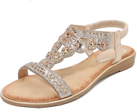 Sandales Femme Été Plates Sandales Strass Bohème Sandales Confortable | Sandales Habillées Nu-Pieds Antidérapantes Sandales Compensées Mode Pailletées Sandales de Mariage Bride Arrière Élastique