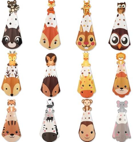 GotGala 12Pieces Safari Party Hats Jungle Animal Safari Theme Cone Paper Hats for Zoo Birthday Party Supplies Favor