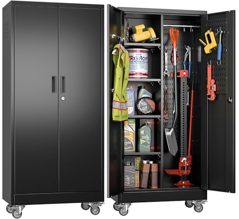 SUXXAN Broom Closet Storage Cabinet with Wheels 61.6x 27.5x11.7, Metal Cleaning Cabinets with Hooks and Hanging Rods, Lockable Cabinet with Pegboard, Adjustable Shelf,for Garage, Laundry Room