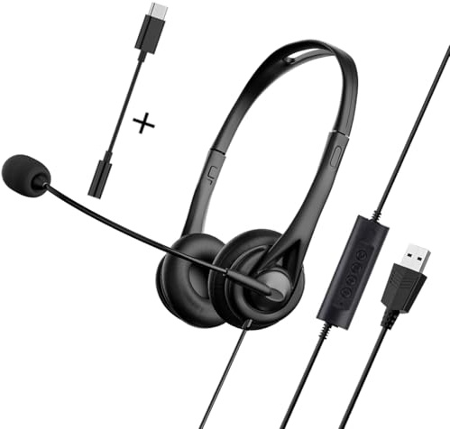 USB Headset for PC Laptop Phone, 3.5mm/USB/Type-C Jack 3-In-1 Wired Headphones with Noise Cancelling Mic & Audio Controls, Adjustable Headband Headset for Call Centers, Home Office, Online Chat