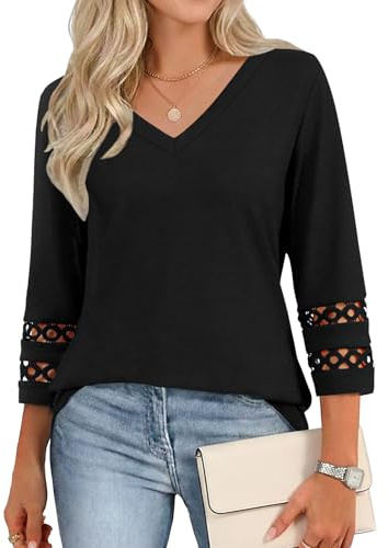 Cuptacc Tunique Femme Manches 3/4 Col V Blouse Ete Noir XXL 50-52
