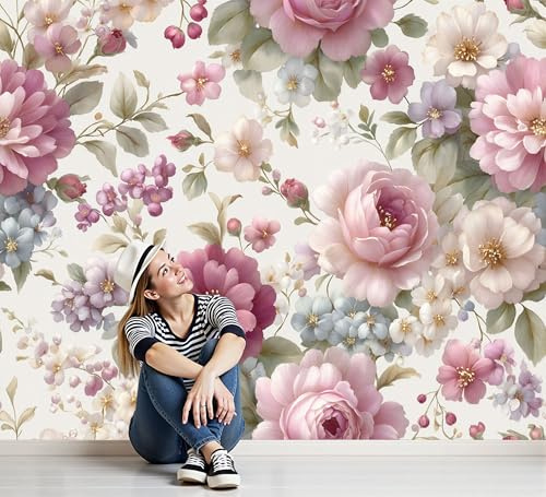 Papel Tapiz Fotográfico 3D Rosas Peonías 200x140cm Papel Pintado Panorámico, Flores Naturales Frescas Murales Decoración Pared Moderna Para Salon Dormitorio Oficina