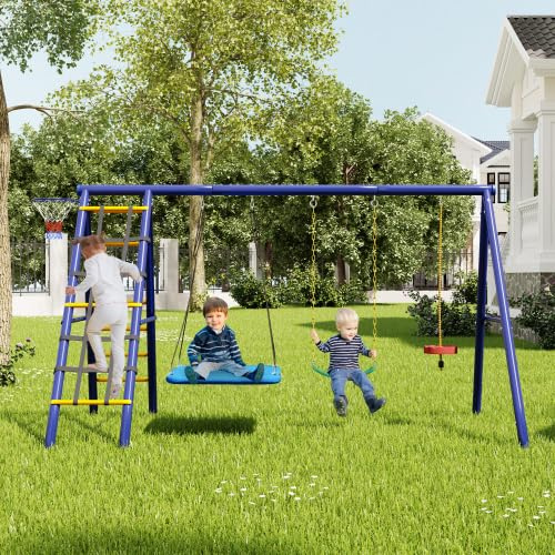 Outdoor-Schaukel 3-in-1 mit Tellerschaukel, Gurt-Schaukel und Kletterseil-Schaukel – Multifunktionales Klettergerüst mit Basketballkorb, Spielturm für Kinder ab 3 Jahren
