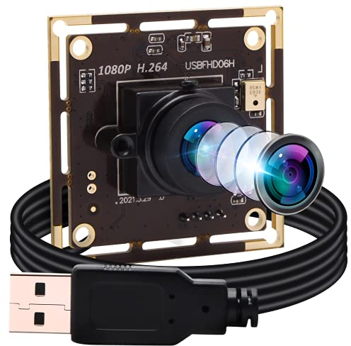 ELP Module de caméra USB 1080P avec Objectif 100 degrés sans Distorsion,Petite caméra USB 2MP avec capteur IMX323,Mini Webcam vidéo UVC avec Microphone,Compatible avec Windows Linux Raspberry Pi