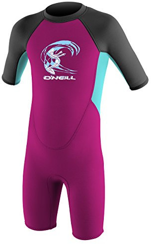 O'Neill Toddler Reactor-2 2mm Back Zip Short Sleeve Spring Wetsuit, Berry/Aqua/Graphite, 4