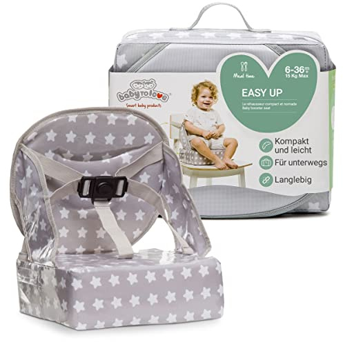 BabyToLove | Rehausseur chaise bébé compact et pliable avec coussin imperméable, harnais 3 points et poignée de transport | White Stars
