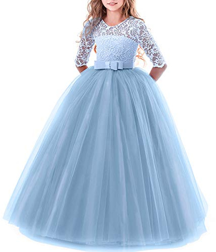 Robe de soirée en dentelle à manches 3/4 avec motif fleur pour filles,Pour mariage, demoiselle d'honneur, première communion, soirée,Longueur au sol,Pour enfants,Pour anniversaire,Bleu,XXXXL