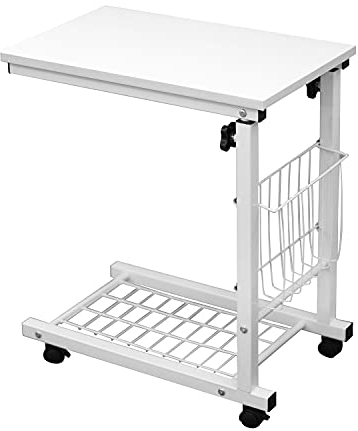 sogesfurniture End Table,Portatile Tavolo Laptop con Ruote,Tavolino,Compatto Tavolo per PC Notebook Tavolino per caffè Tavolino da Scrivania,Altezza Regolabile,Bianco BHEU-C6-DW