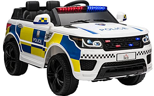 HOMCOM 12V Kids Electric Ride On Police Car 2 Motors with Parental Remote Control Siren Flashing Lights USB Portable for 3-6 Years White