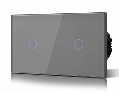 BSEED Doppelt Touch lichtschalter 1 Fach 1 Wege Berührung Wandlichtschalter 110V - 240V Gehärtete Kristallplatte Schalter mit LED Hintergrundbeleuchtung Kein Neutralleiter Grau