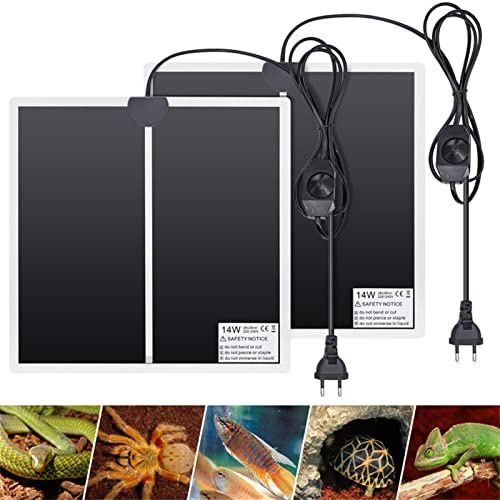 BREUAILY Lot de 2 Tapis Chauffants réglables pour Reptiles, Terrarium, avec contrôle thermostatique, lézards, Coussins Chauffants pour Amphibiens, Gecko, Serpent, Tortue, araignée (14 W, 28 x 28 cm)