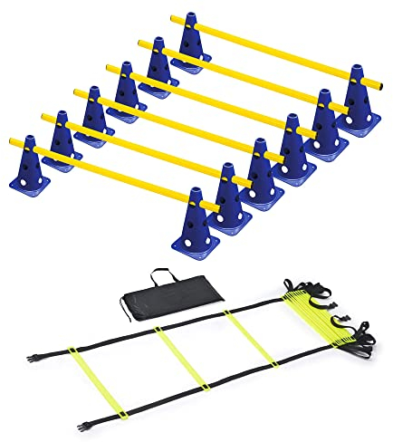RHINOS sports Agility Trainings-Set | Koordinationsleiter 4m inkl. Tasche + Steckhürdenset 6er | 12 Blaue Kegel: 22,5cm | 6 gelbe Stangen: 1m