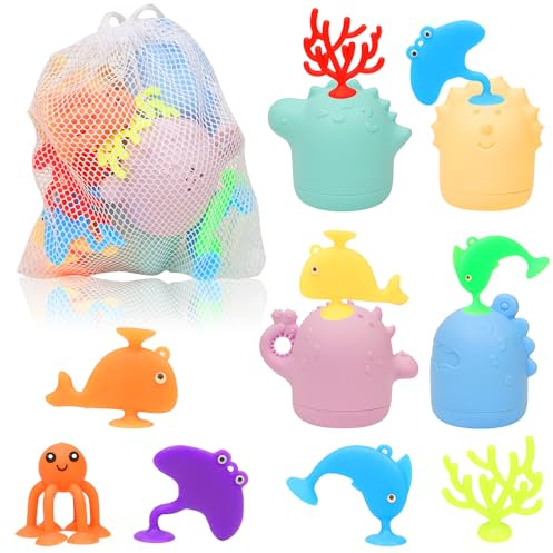 Baby Bath Toys, 13 Pcs Silicone Mold Free Bath Toys with a Storage Bag, Squeezable Dinosaurs Bathtub Toys, No Hole Sensory Ocean Animal Suction Cup Toys for Toddlers 1 2 3 4 5 6 Years