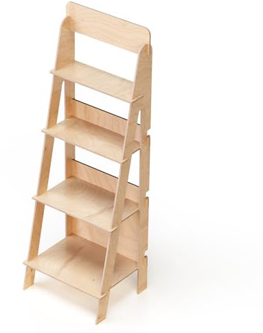 Expositor de Suelo, de Madera, Escalera, fácil Montaje enclavado, 4 estantes, Natural y sostenible, H. 144 cm